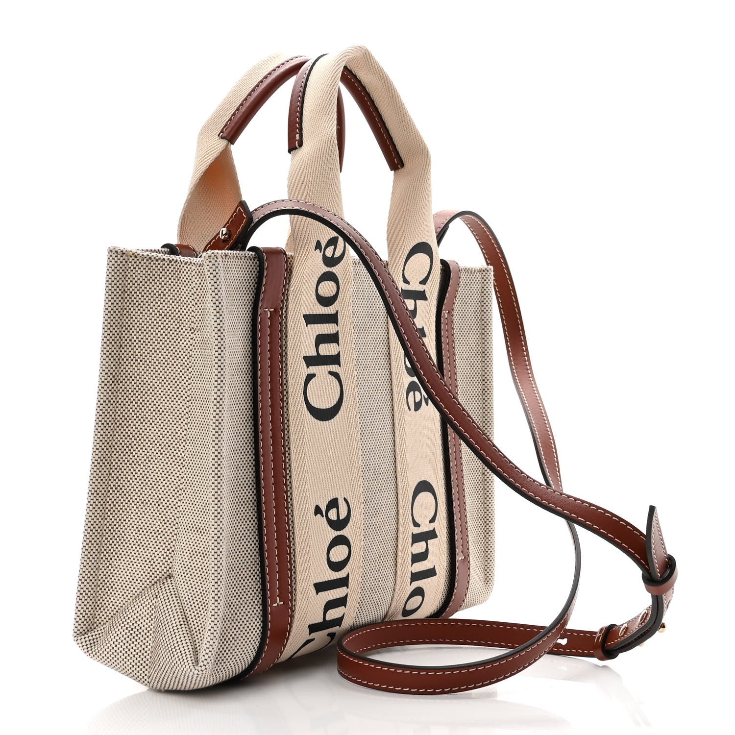 Chloe Cotton Calfskin Small Woody Ribbon Tote With Strap White Brown 3 of 10