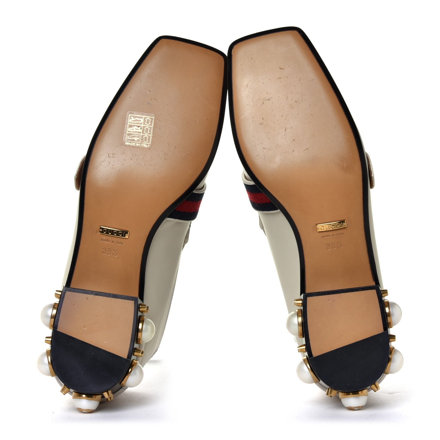 Gucci Betis Glamour Calfskin Web Pearl Embellished Peyton 35mm Loafer Pumps 38.5 Mystic White 11 of 12