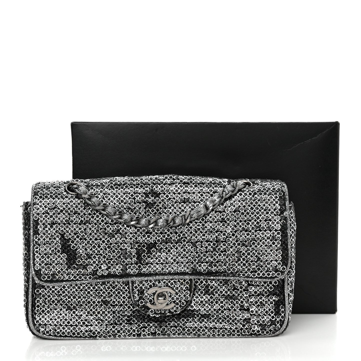 Sequin Medium Single Flap Dark Silver