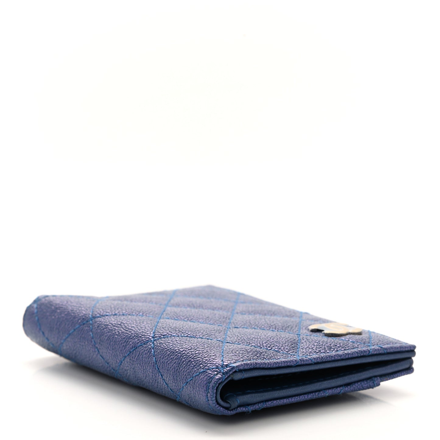 Iridescent Caviar Quilted Card Holder Wallet Dark Blue