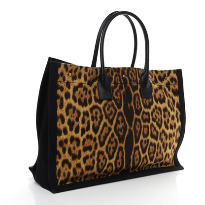 Saint Laurent Canvas Calfskin Leopard Print Rive Gauche Noe Tote Natural Black 3 of 8