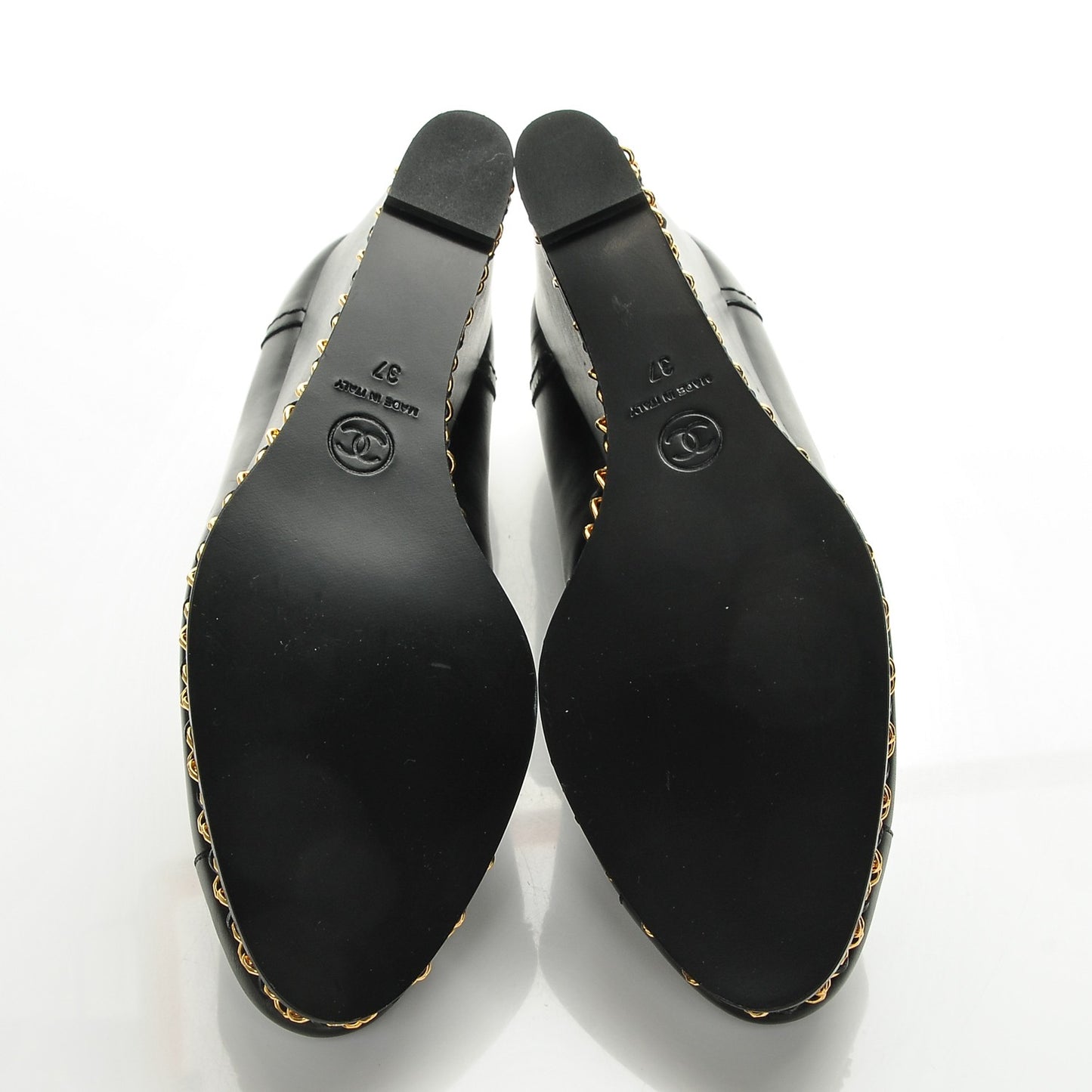 Calfskin Cap Toe Chain Wedge Pumps 37 Black