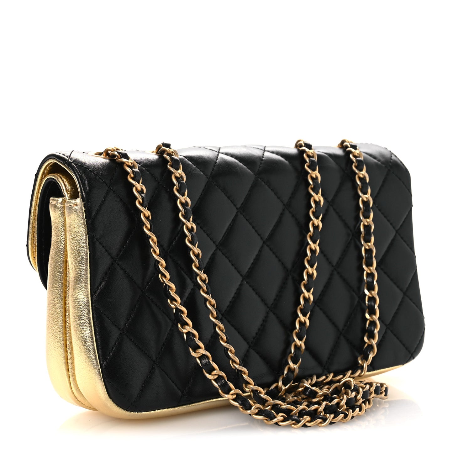 Lambskin Metallic Quilted Small CC Chic Double Flap Black Gold