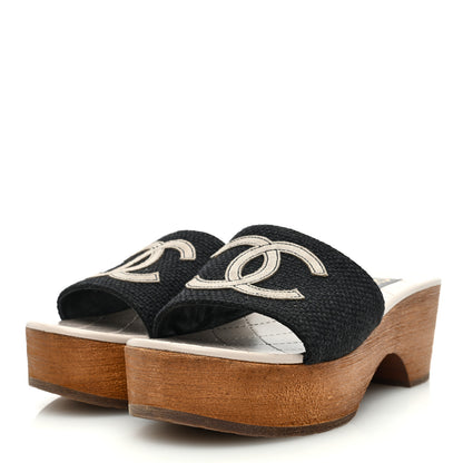 Chanel Fabric Suede Calfskin Wooden CC Clogs 36 Black Light Grey 2 of 6