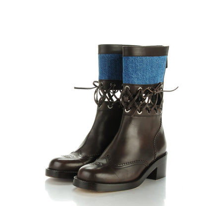 Chanel Calfskin Denim Lace Up Short Boots 38 Blue Brown 3 of 8