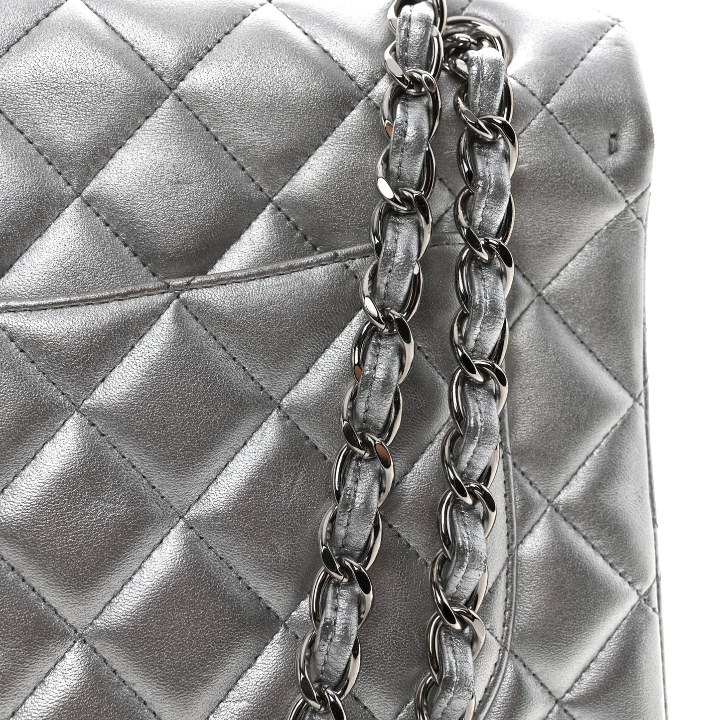 Metallic Lambskin Quilted Maxi Single Flap Silver