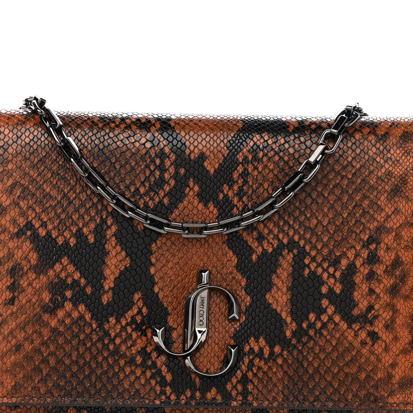 Calfskin Snakeskin Embossed Varenne Chain Clutch Brown