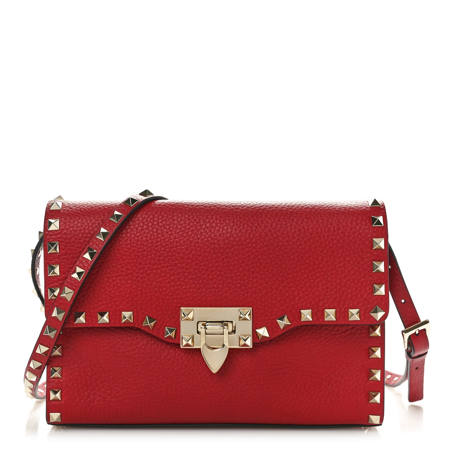 Pebbled Calfskin Medium Rockstud Flip Lock Crossbody Bag Rouge Pur