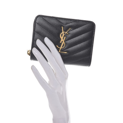 Saint Laurent Grain De Poudre Matelasse Chevron Monogram Compact Zip Around Wallet Black 2 of 6