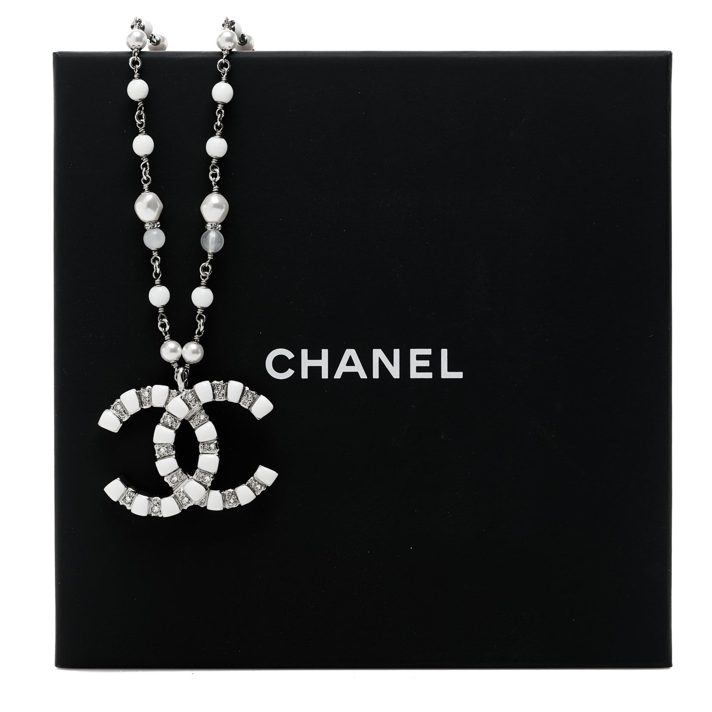 Pearl Resin Crystal Large CC Pendant Necklace Silver White