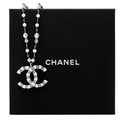 Chanel Pearl Resin Crystal Large CC Pendant Necklace Silver White 5 of 5