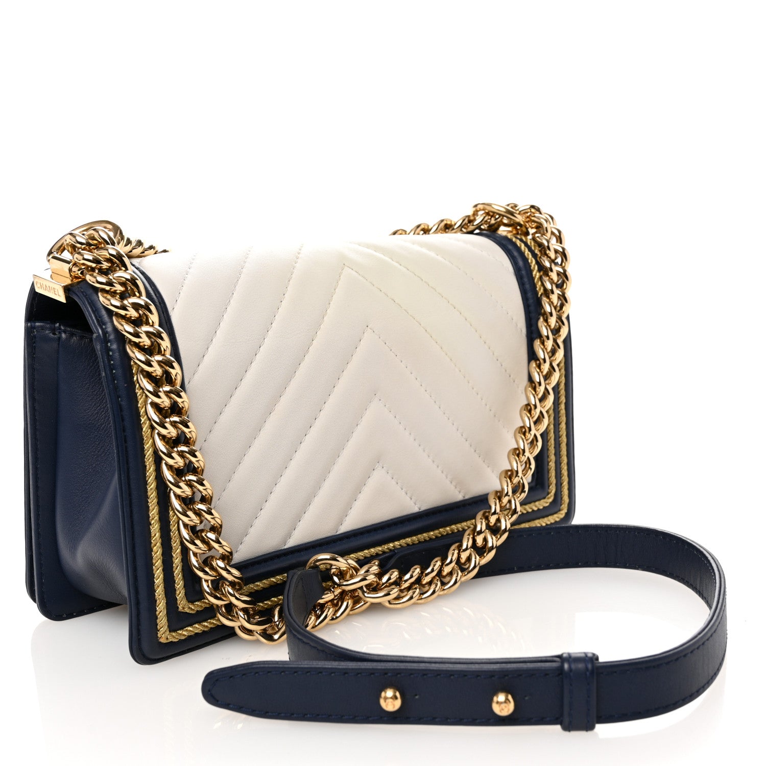 Chanel Calfskin Chevron Quilted Braided Medium Boy Flap White Navy 3 of 11