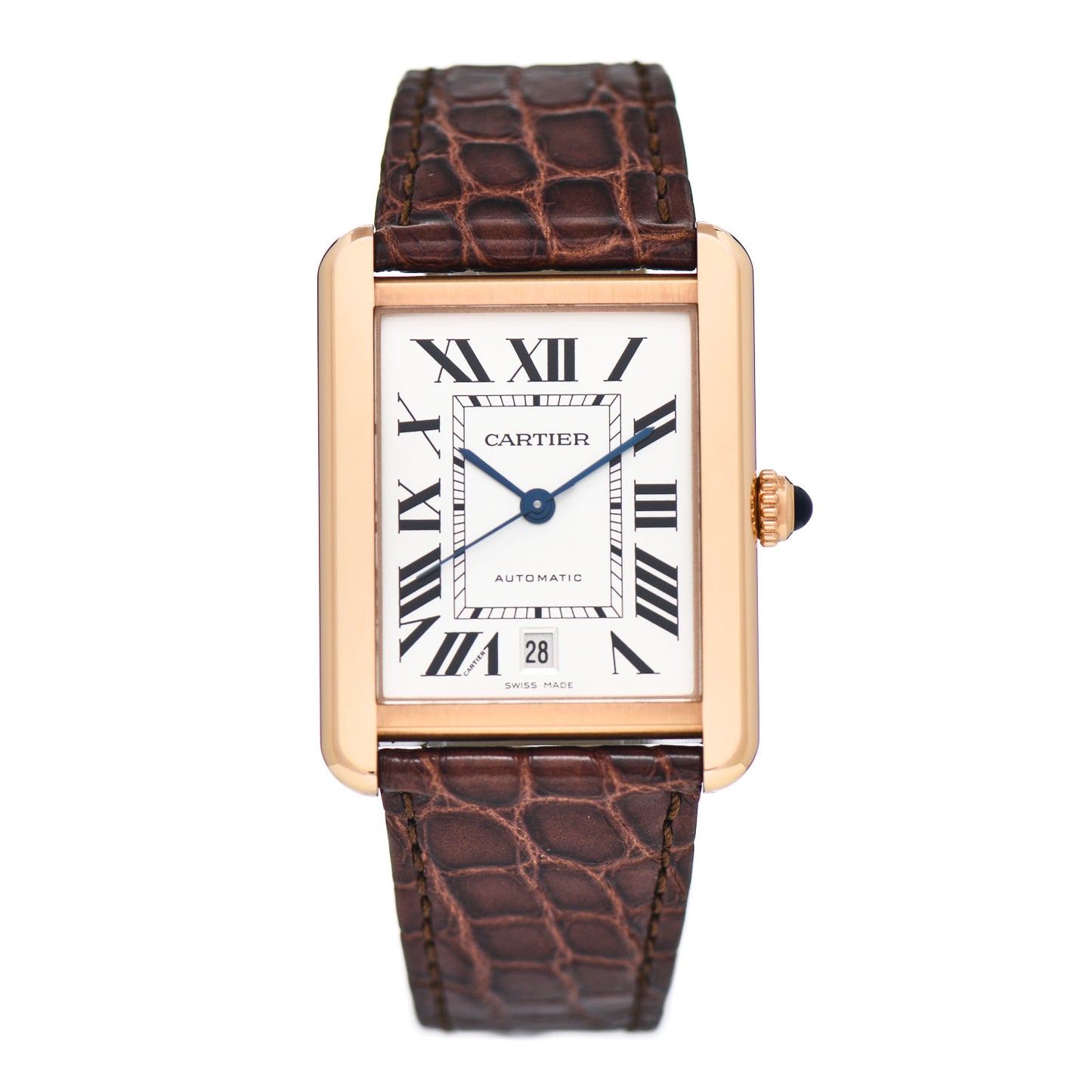 Stainless Steel 18K Pink Gold Alligator 31mm Tank Solo Automatic Watch Brown