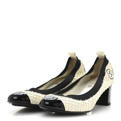 Chanel Snakeskin CC Elastic Cap Toe Ballerina Pumps 38 White Black 4 of 8