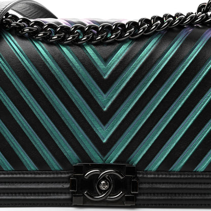 Chanel Calfskin Painted Chevron Embossed Medium Boy Flap Black 9 of 11