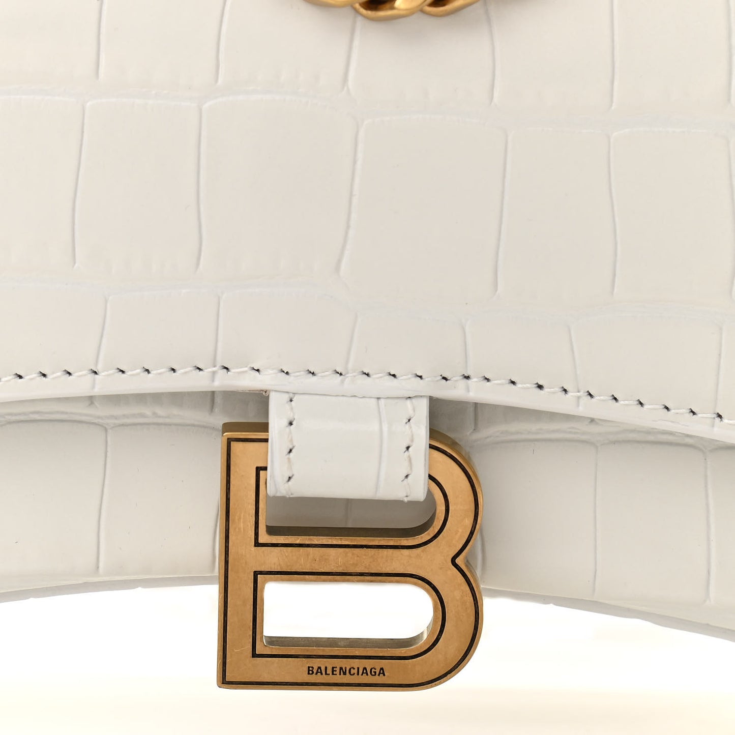 Shiny Calfskin Crocodile Embossed Hourglass Chain Bag XS White