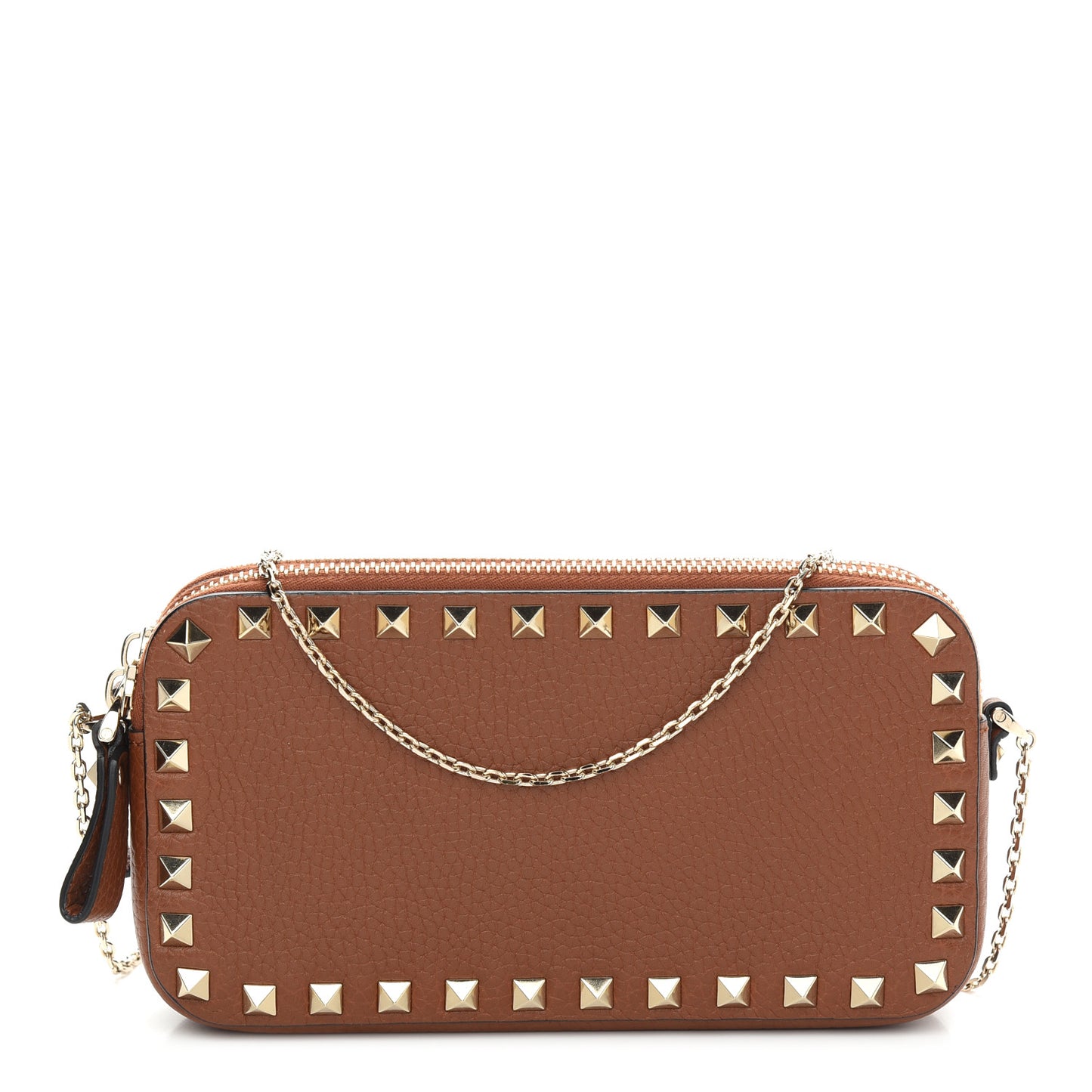 Pebbled Calfskin Rockstud Chain Pouch Shoulder Bag Bright Cognac