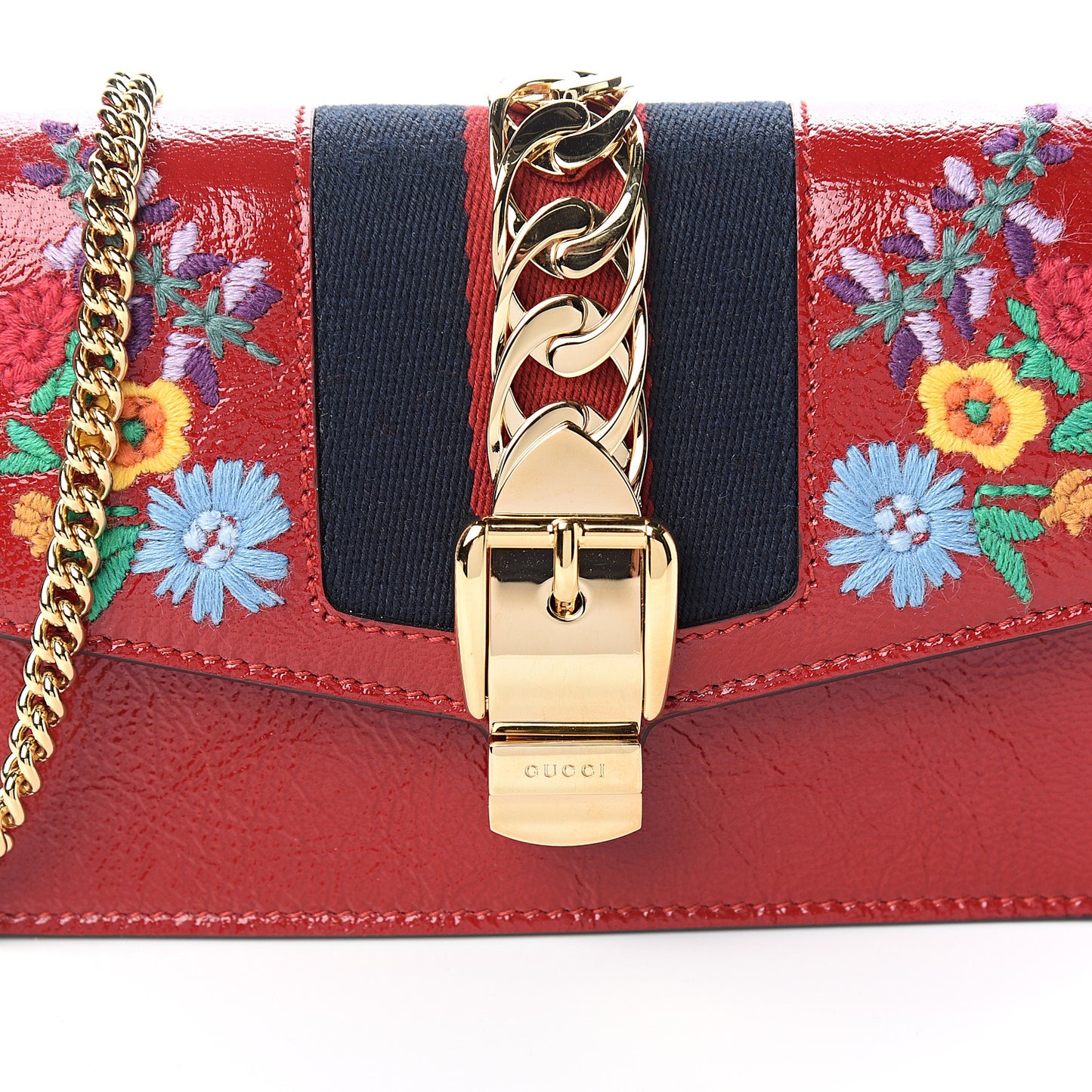 Patent Embroidered Super Mini Sylvie Chain Shoulder Bag Red