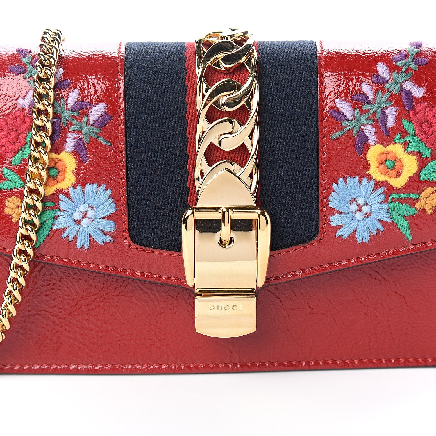 Gucci Patent Embroidered Super Mini Sylvie Chain Shoulder Bag Red 9 of 9