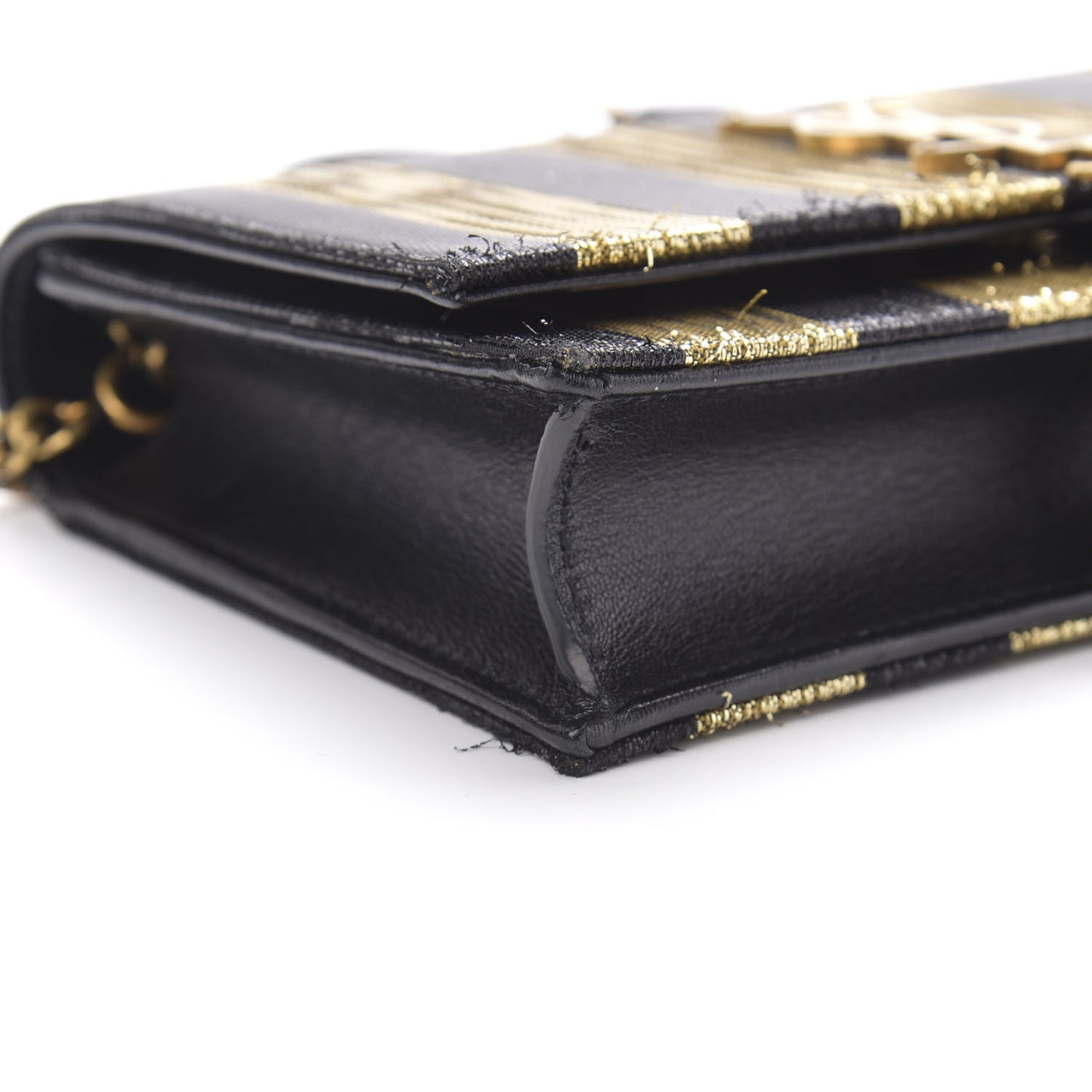 Sequin Striped Classic Monogram Kate Tassel Chain Wallet Black Gold