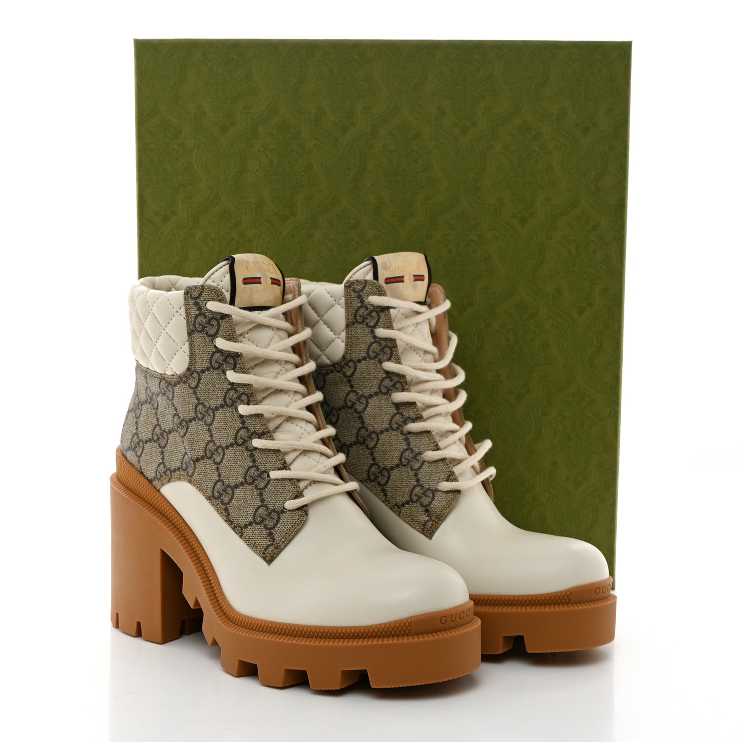 Calfskin GG Supreme Monogram Nappa Quilted Lace Up Ankle Boots 36.5 Mystic White Beige