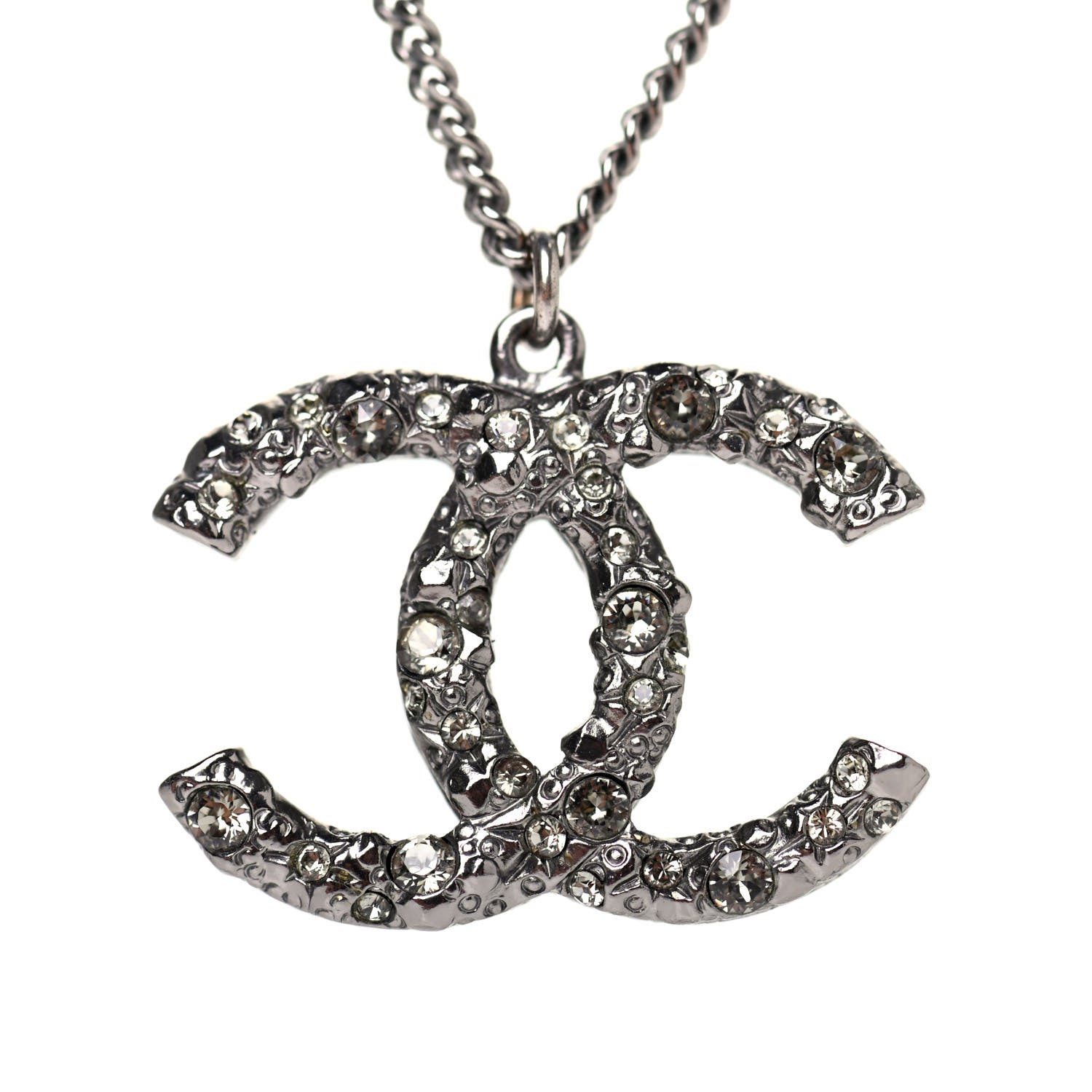 Chanel Crystal CC Pendant Necklace Silver 3 of 5