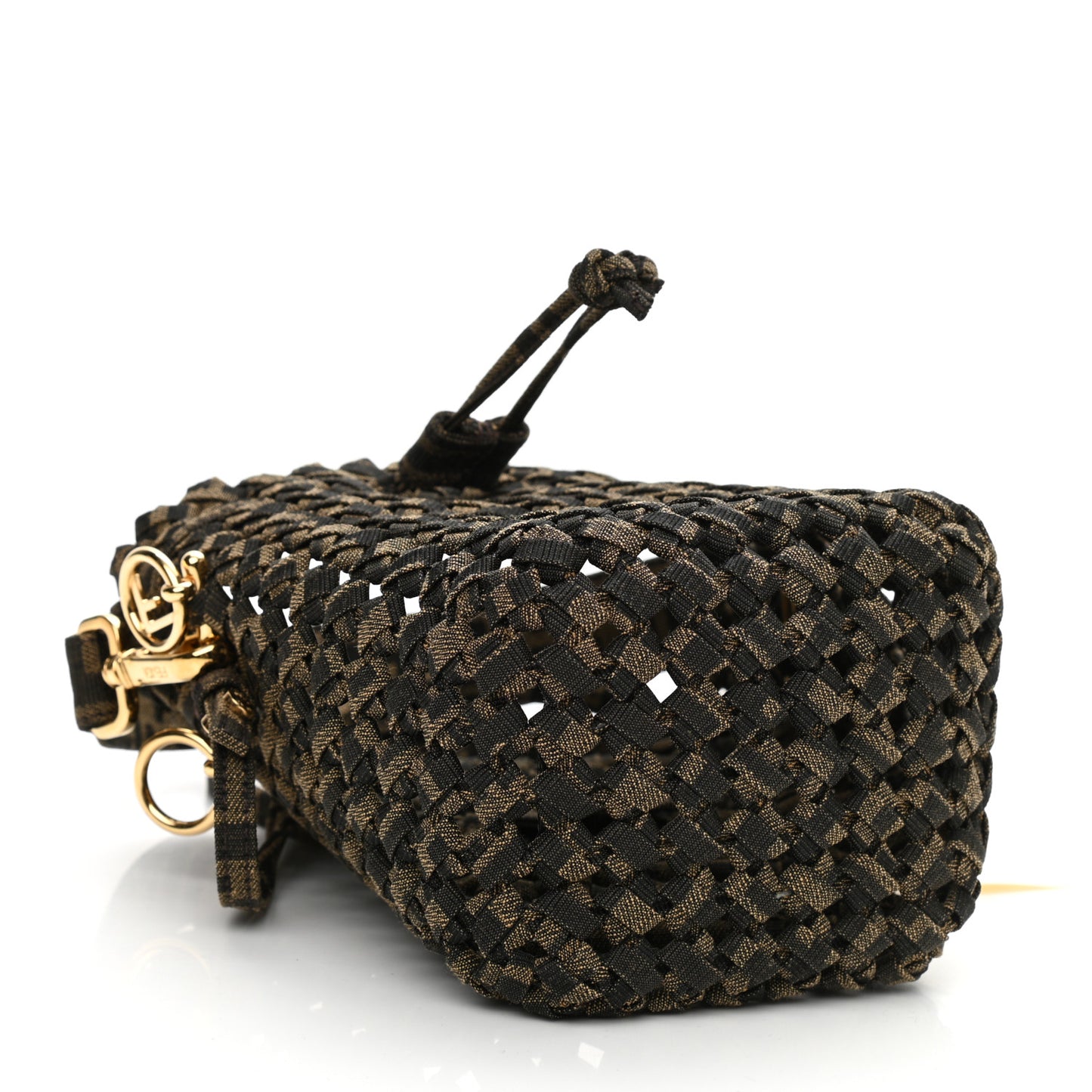Fabric Jacquard F is Fendi FF 1974 Woven Knotted Mini Mon Tresor Bucket Bag Tabacco Moro