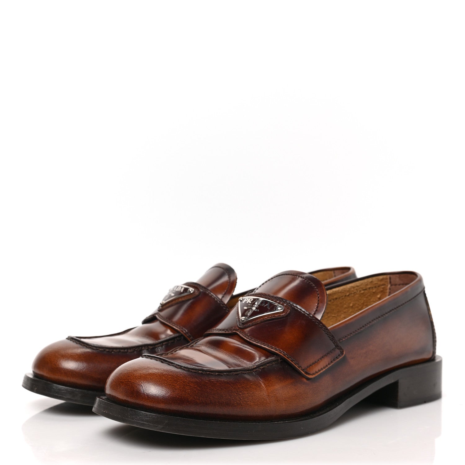 Prada Spazzolato Fume Metal Triangle Logo 20mm Loafers 39 Tobacco 3 of 8