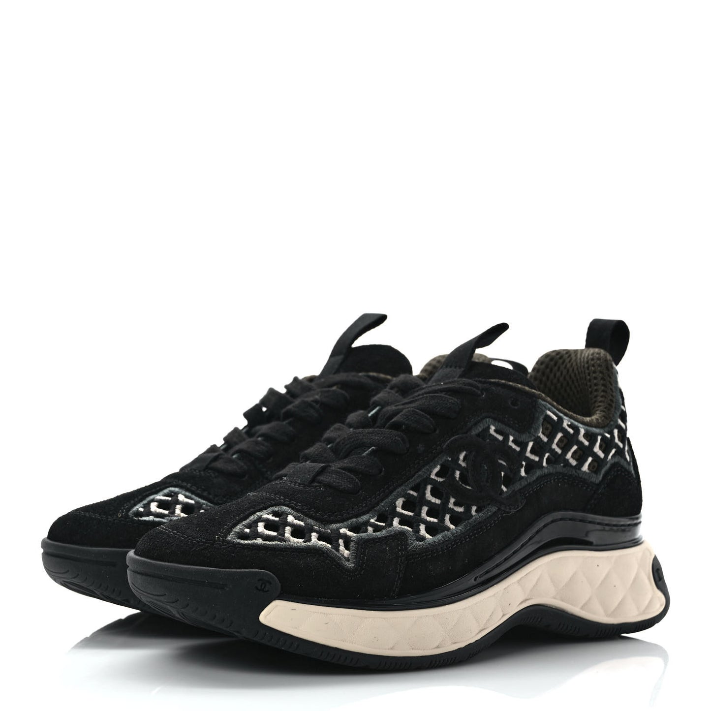 Suede Calfskin Embroidered CC Sneakers 36 Beige Black