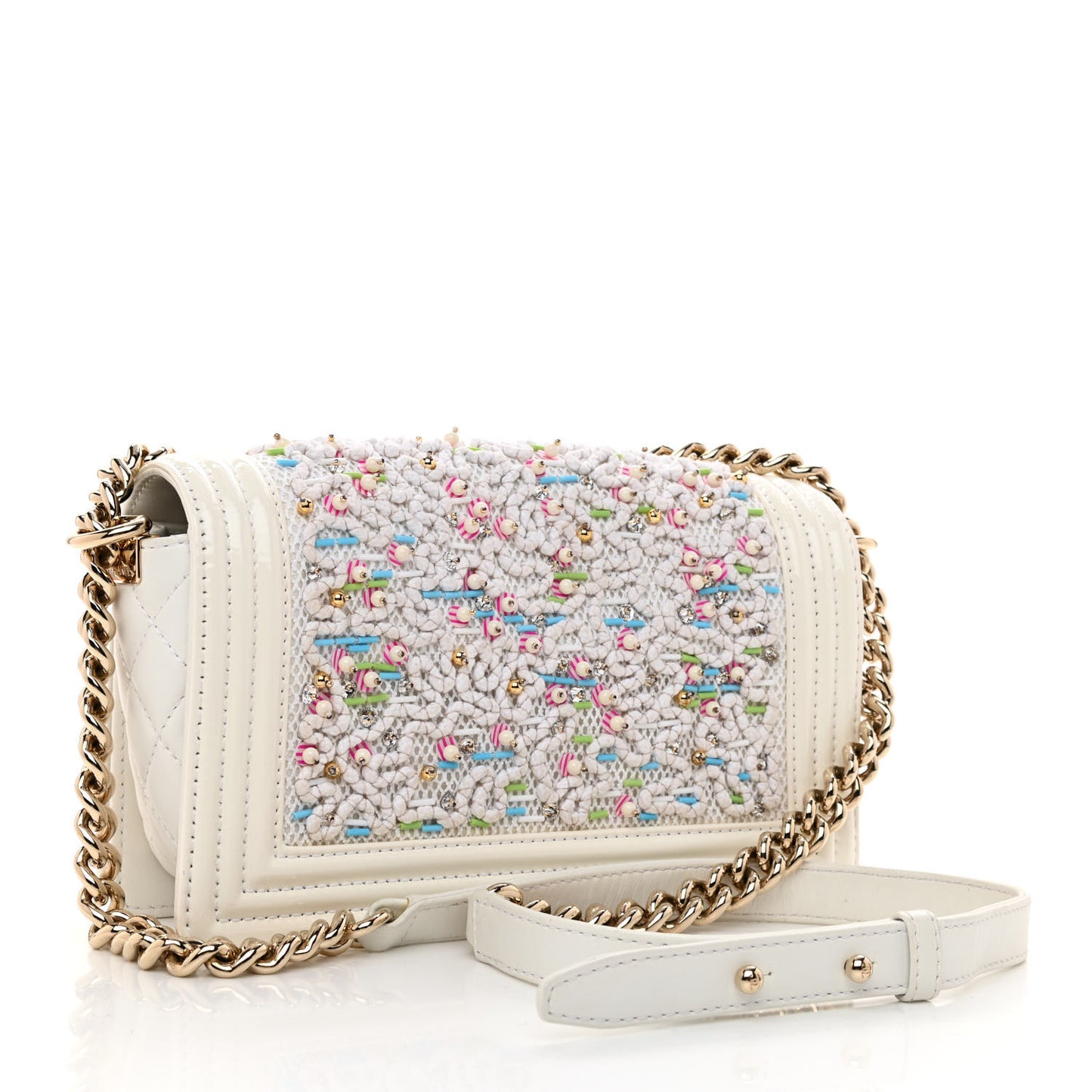 Patent Sequin Medium Boy Chanel Flap White Pink Light Blue
