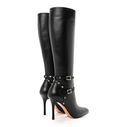Valentino Garavani Calfskin Rockstud Knee High 100mm Boots 37 Black 4 of 8