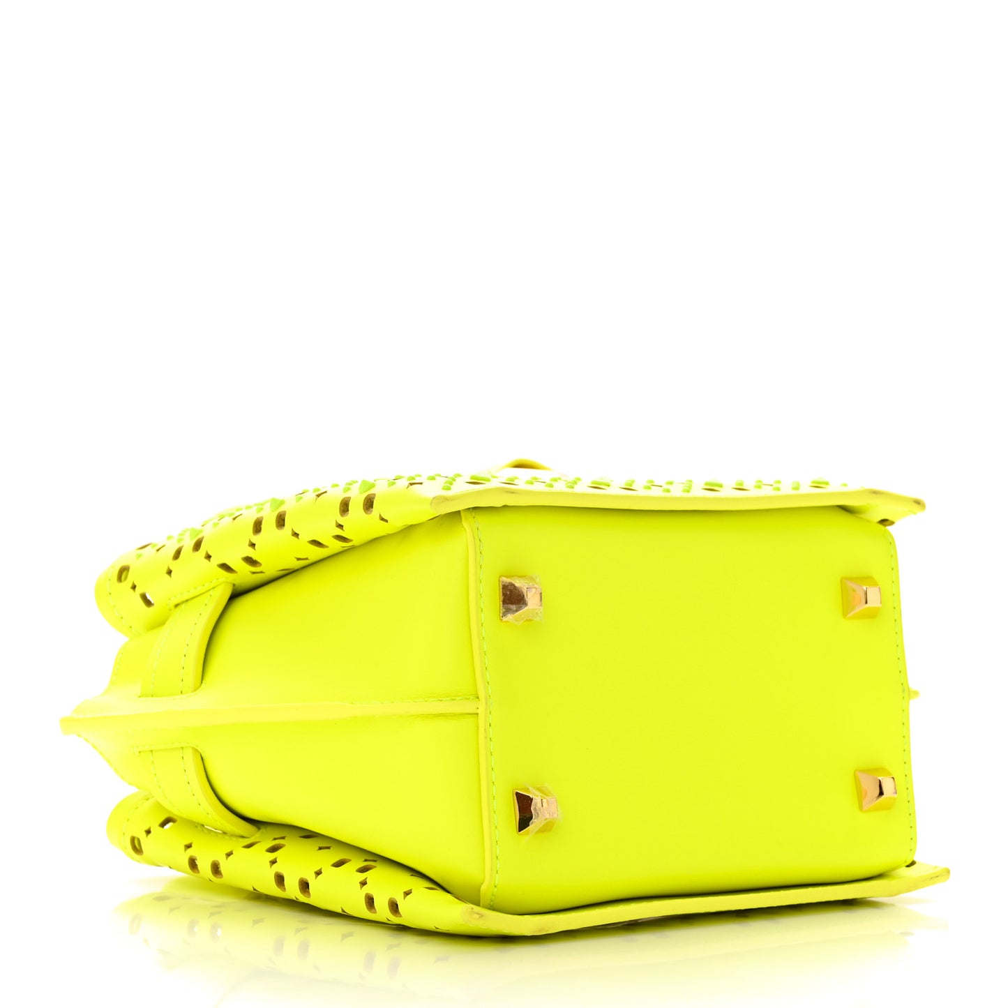 Perforated Calfskin Studded Mini Milla Tote Neon Yellow