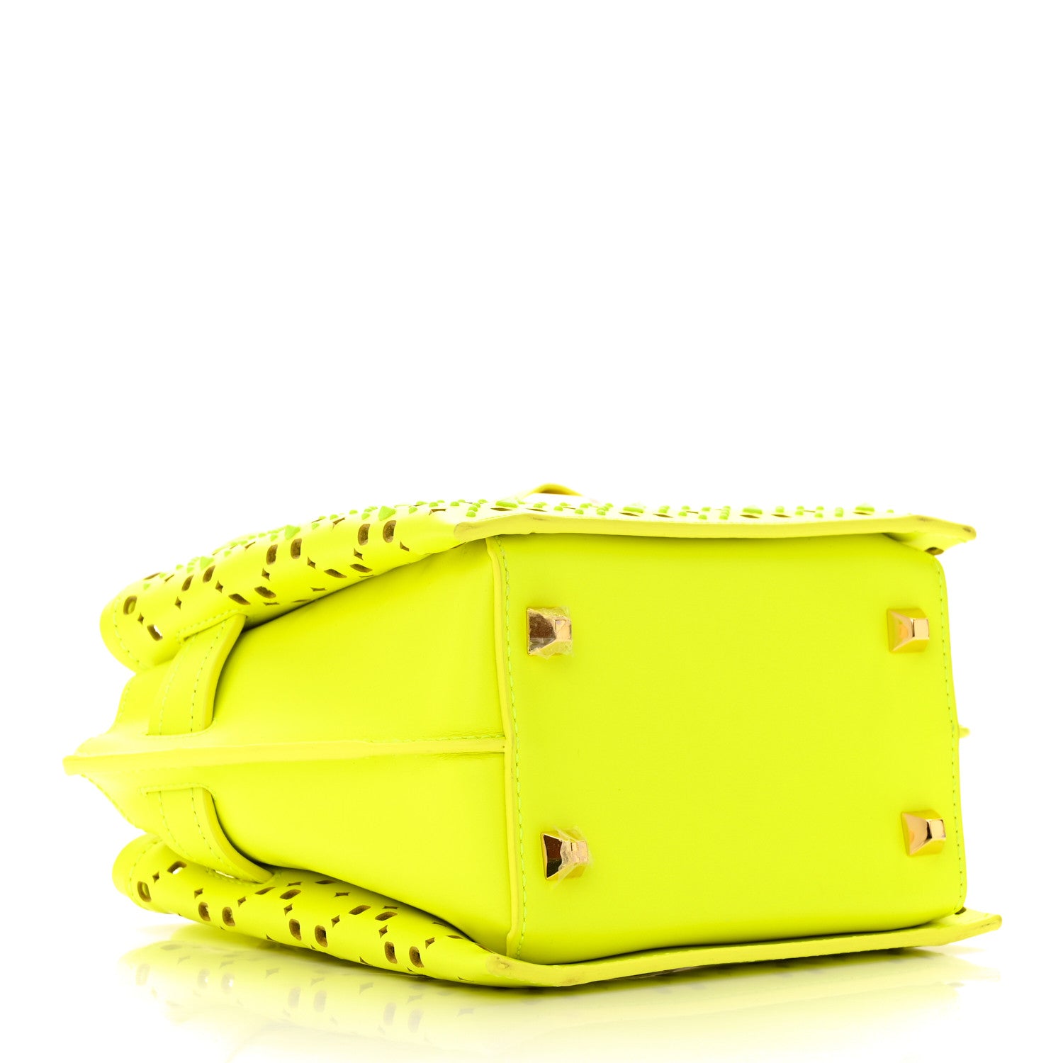 MCM Perforated Calfskin Studded Mini Milla Tote Neon Yellow 4 of 15