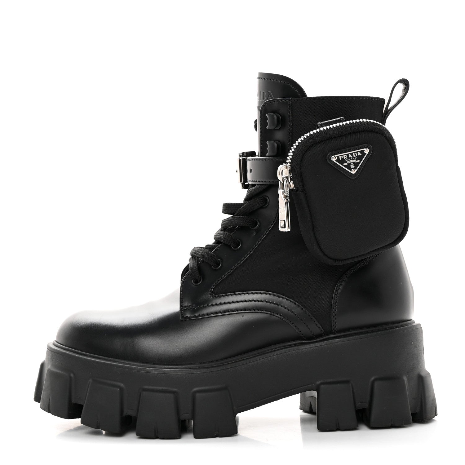 Prada Spazzolato Rois Re-Nylon Metal Triangle Logo Monolith Pouch Pocket 55mm Boots 37 Black 1 of 11