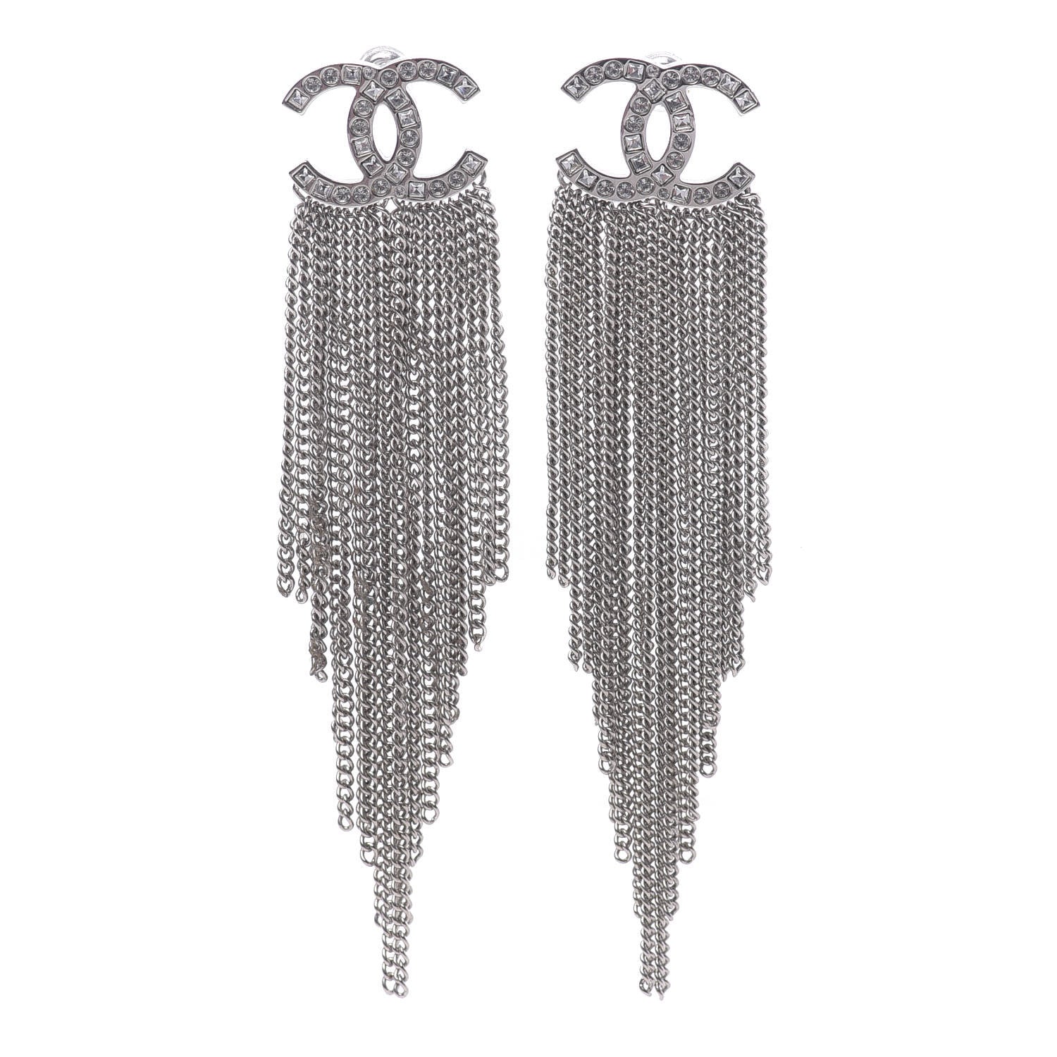 Chanel Baguette Crystal CC Chain Drop Earrings Silver 1 of 4