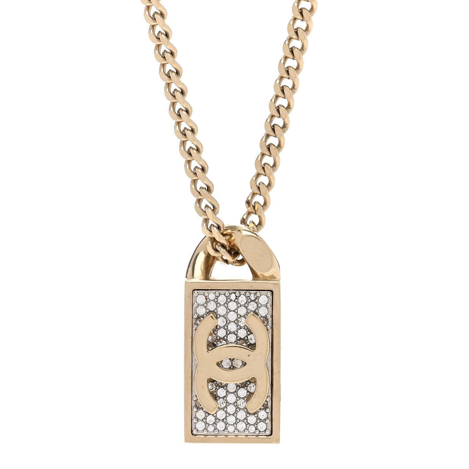 Chanel Crystal Dog Tag Charm Necklace Gold 4 of 5