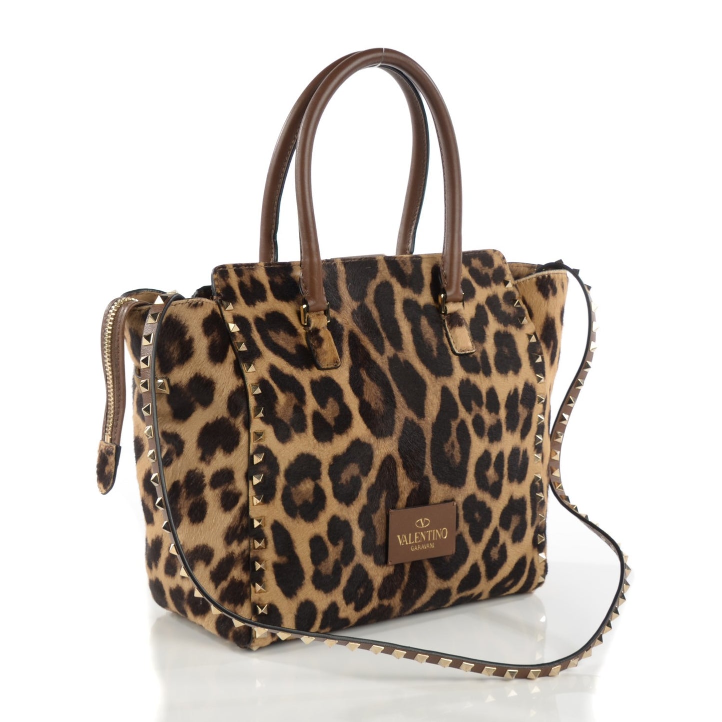 Calf Hair Leopard Print Rockstud Double Handle Tote Leopard