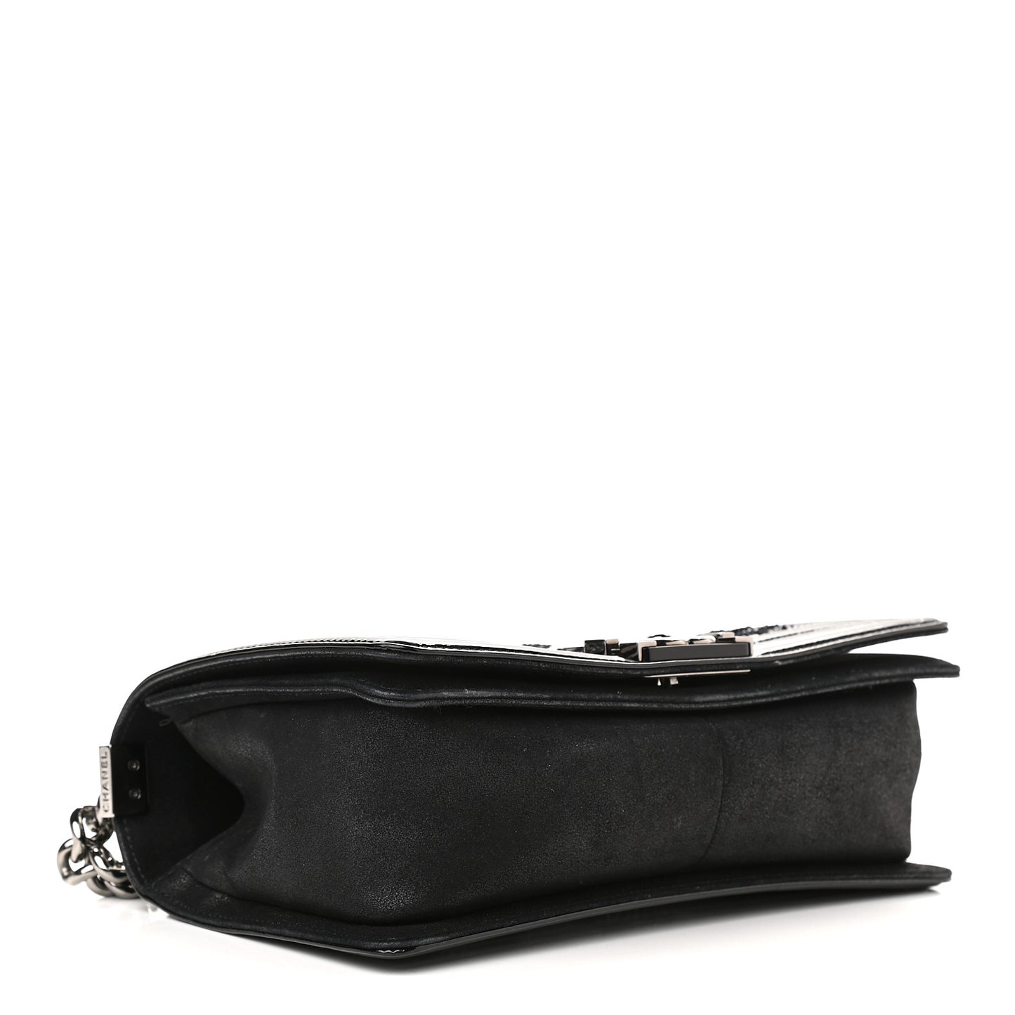 Patent Iridescent Calfskin Sequin Medium Boy Flap Bag Black