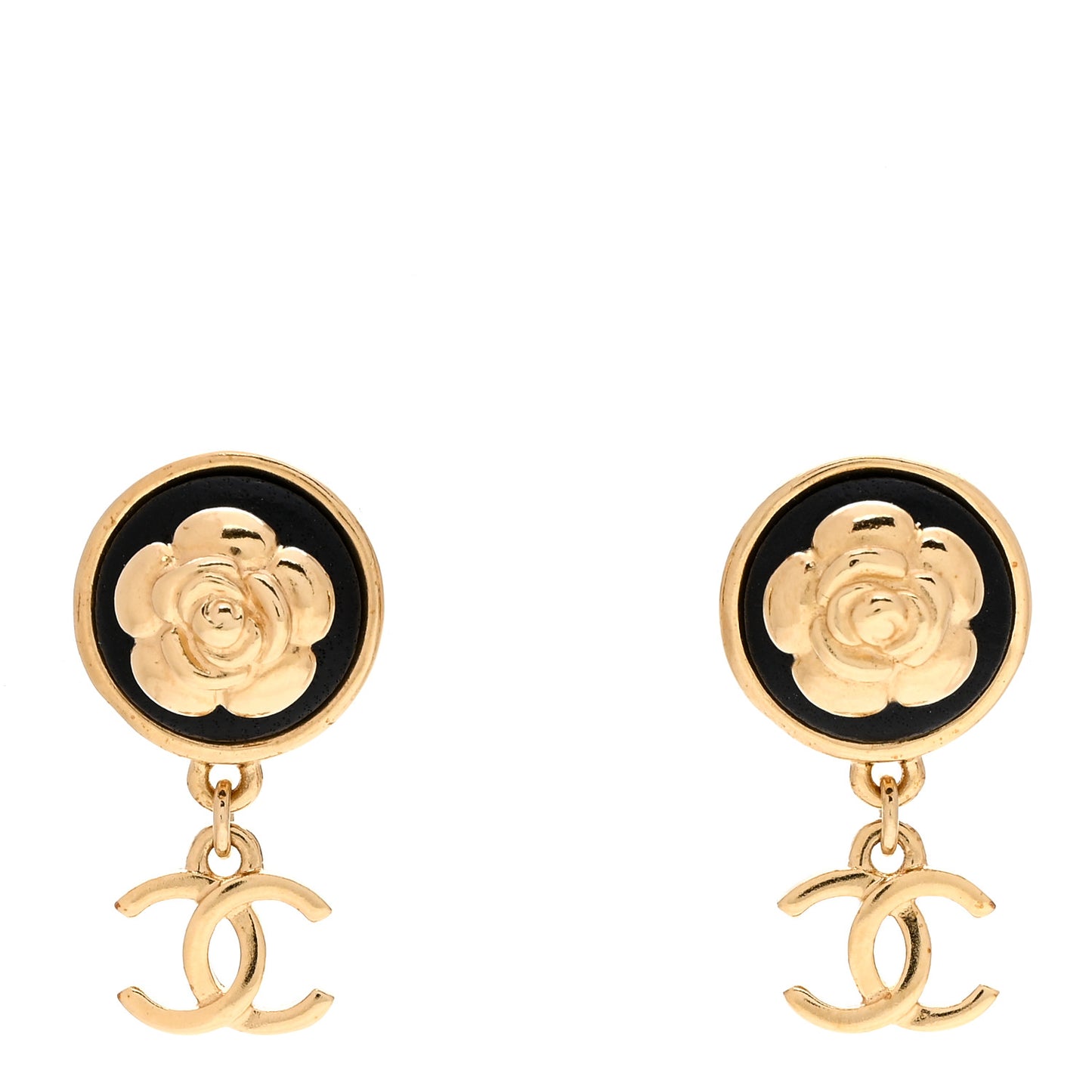 Metal Lambskin Camellia CC Drop Earrings Gold Black