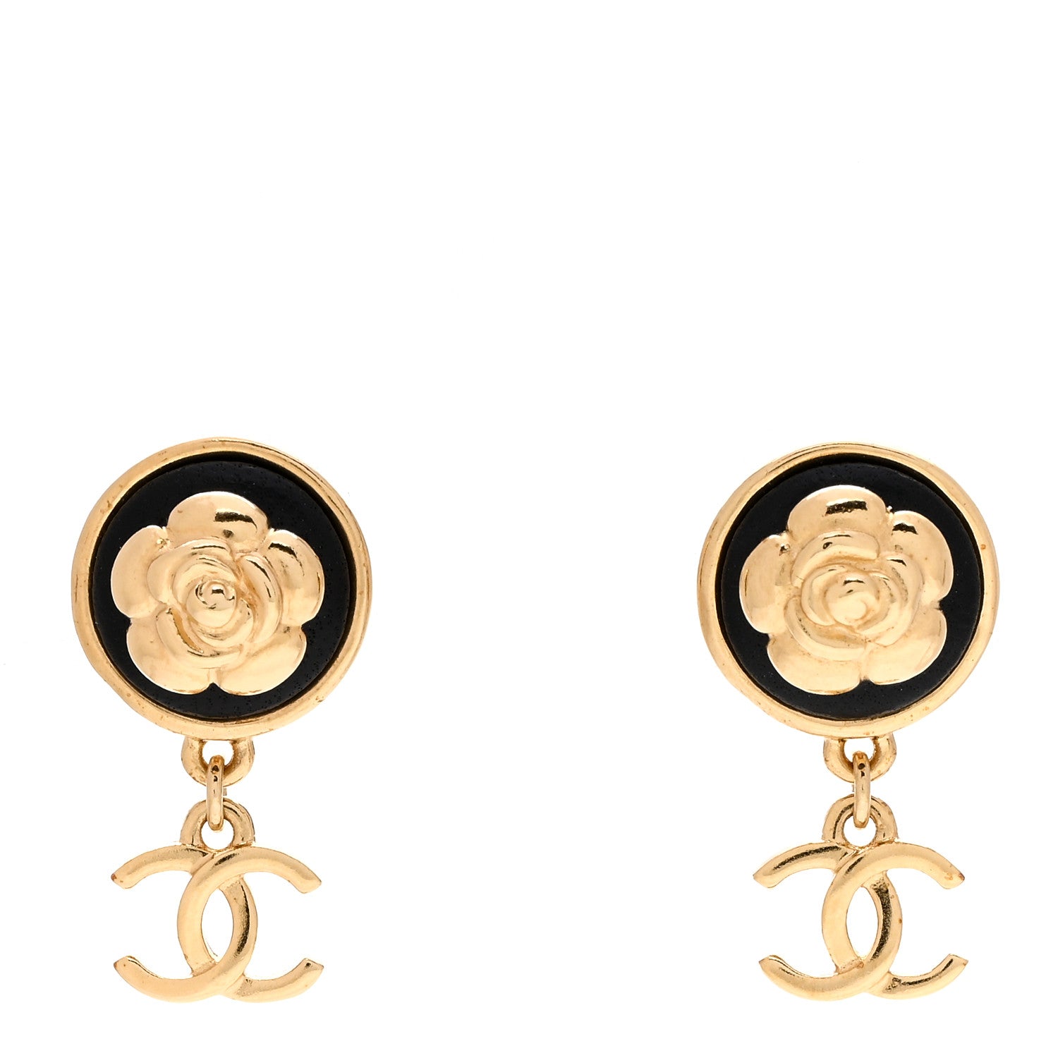 Chanel Metal Lambskin Camellia CC Drop Earrings Gold Black 1 of 4