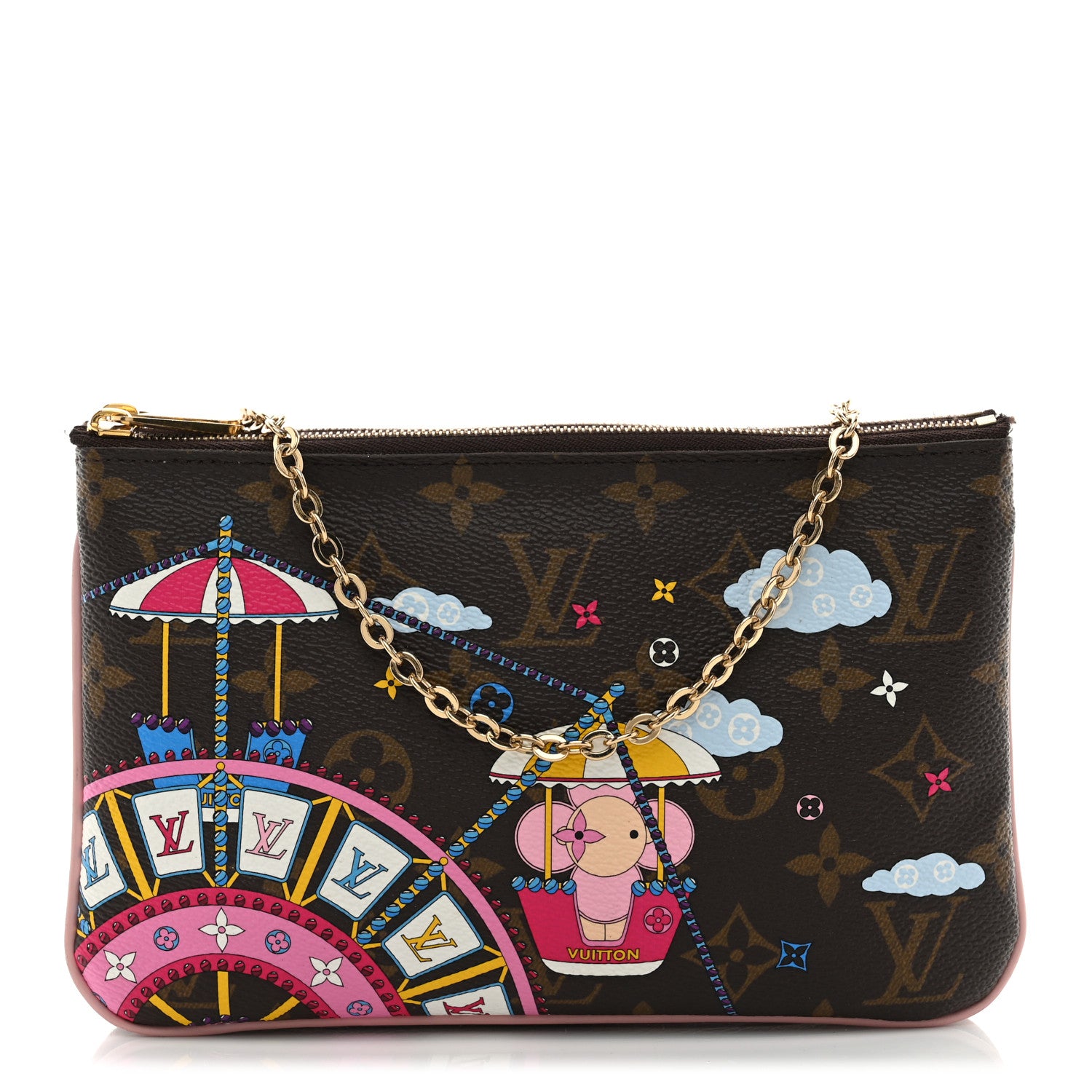 Louis Vuitton Monogram 2020 Christmas Animation Big Wheel Double Zip Pochette Rose Ballerine 1 of 12