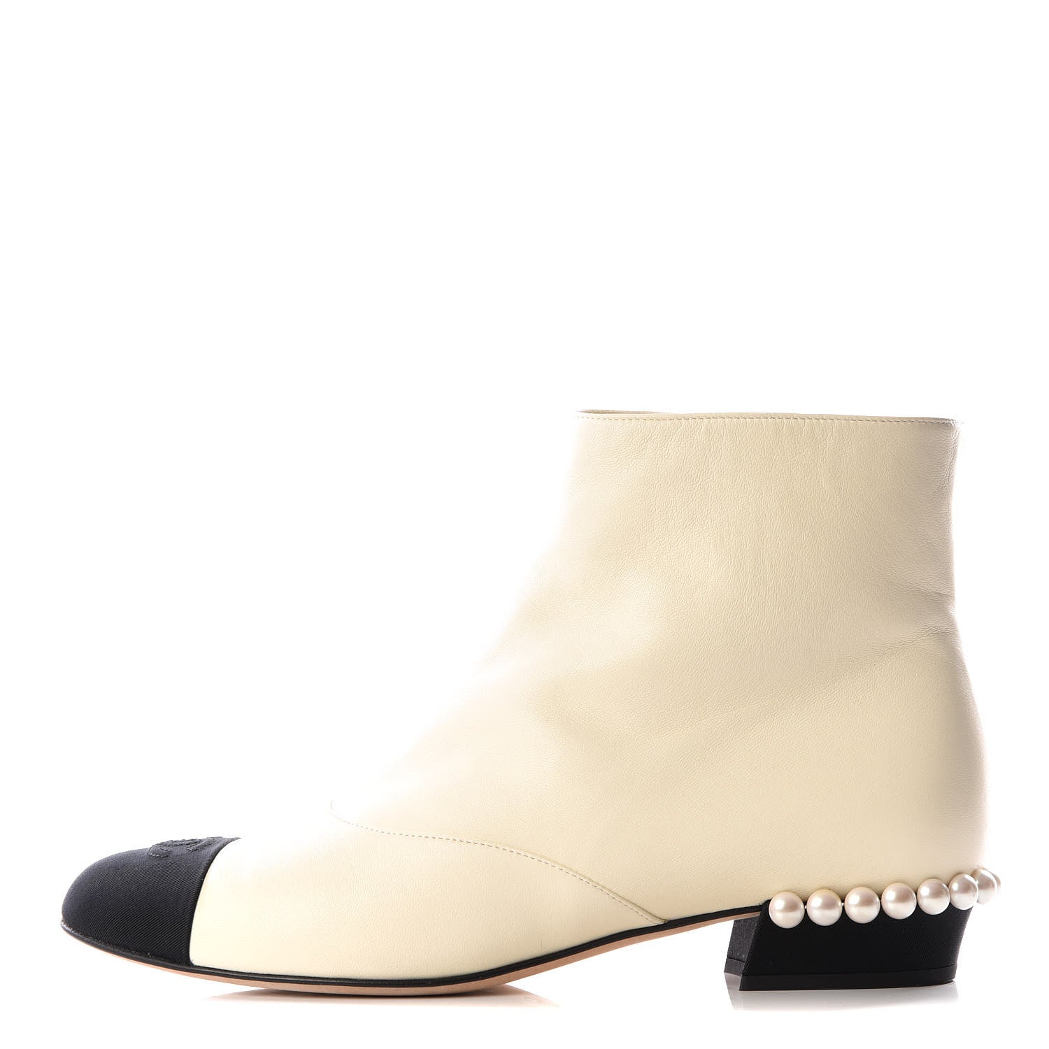 Chanel Lambskin Grosgrain Pearl Cap Toe Short Boots 40 Ivory Black 1 of 9