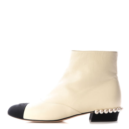 Chanel Lambskin Grosgrain Pearl Cap Toe Short Boots 40 Ivory Black 1 of 9