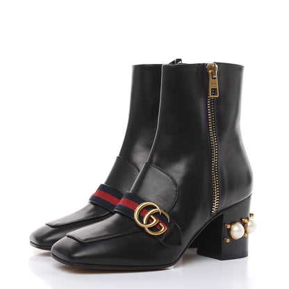 Gucci Betis Glamour Calfskin Web Pearl Embellished Peyton 75mm Ankle Boots 39 Black 3 of 11