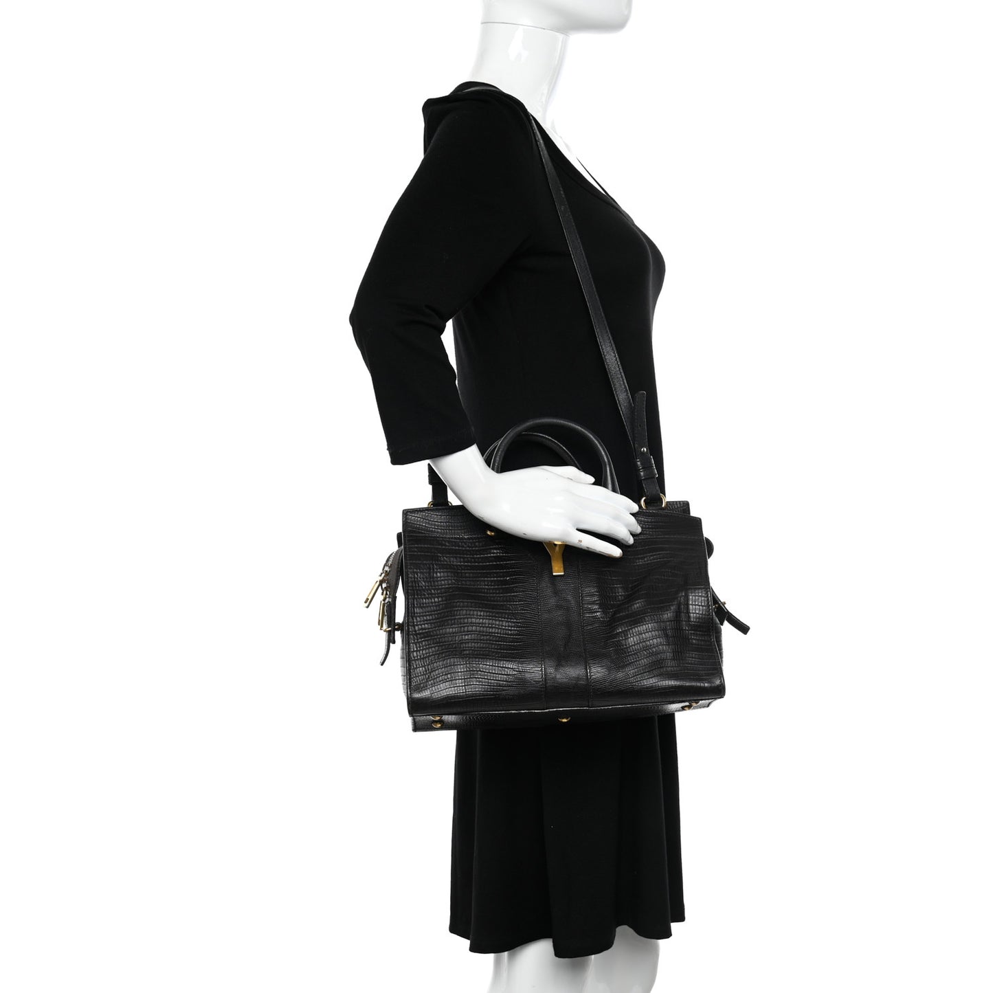 Calfskin Lizard Embossed Small Cabas ChYc Black
