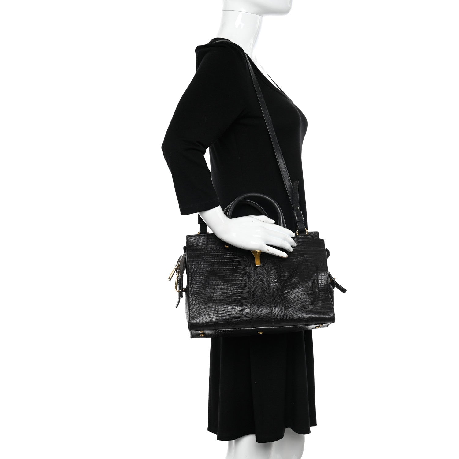 Saint Laurent Calfskin Lizard Embossed Small Cabas ChYc Black 2 of 15