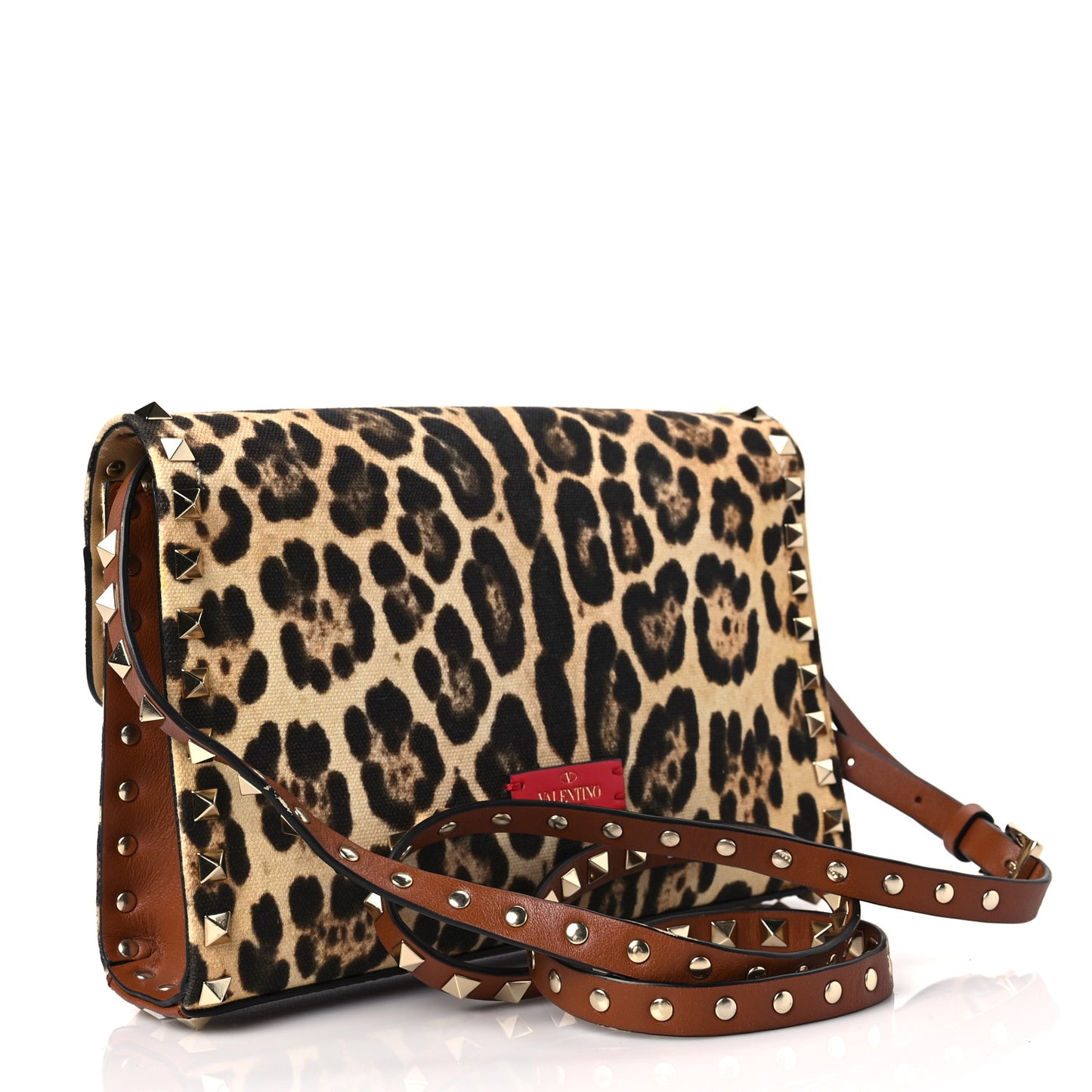 Calfskin Canvas Leopard Print Medium Rockstud Flip Lock Crossbody Bag Tan