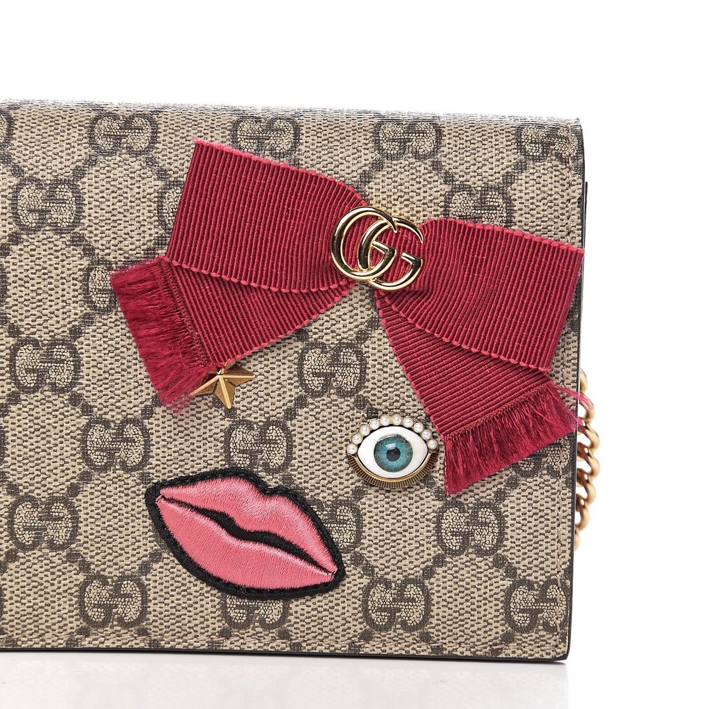GG Supreme Monogram Face Embroidered Chain Wallet Pink