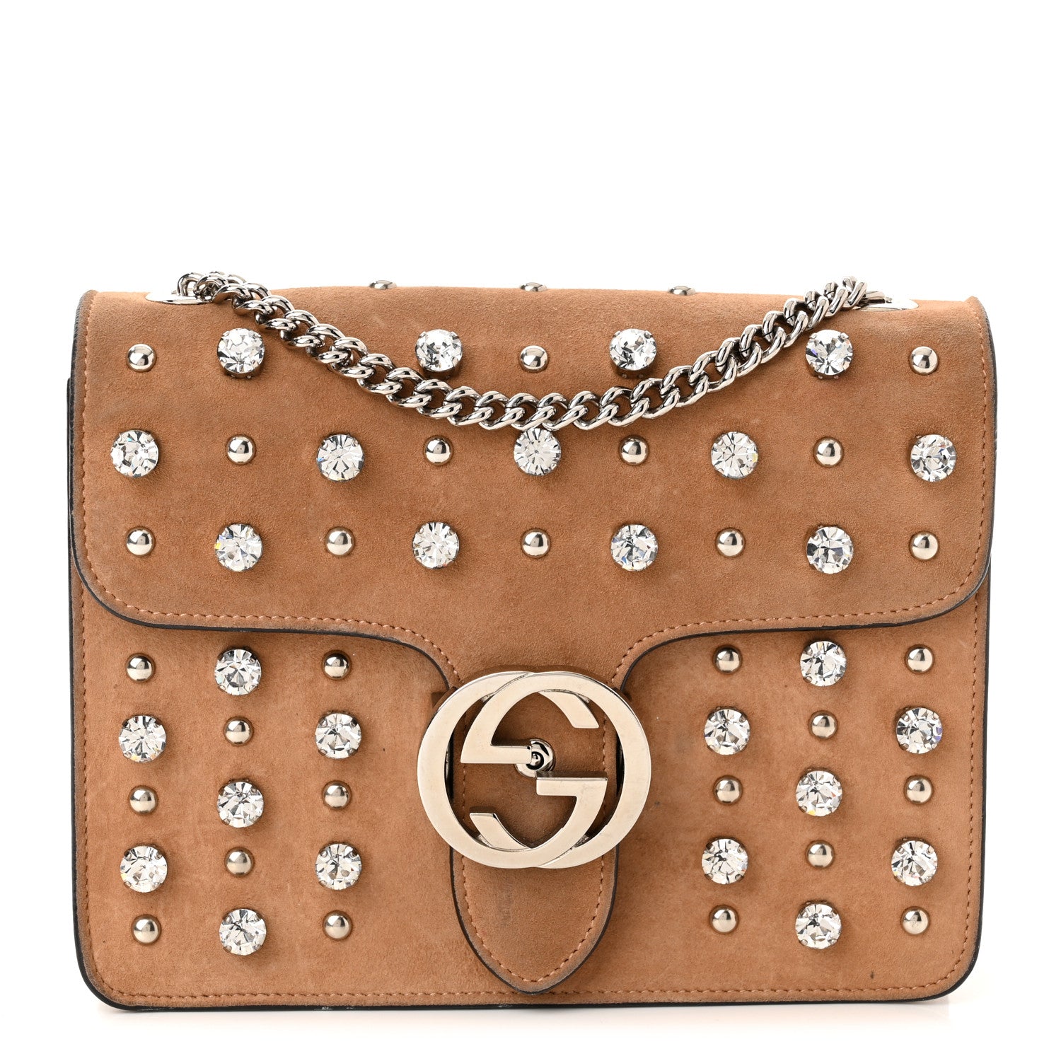 Gucci Suede Crystal Small Interlocking G Shoulder Bag Taupe 1 of 14