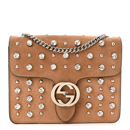 Gucci Suede Crystal Small Interlocking G Shoulder Bag Taupe 1 of 14